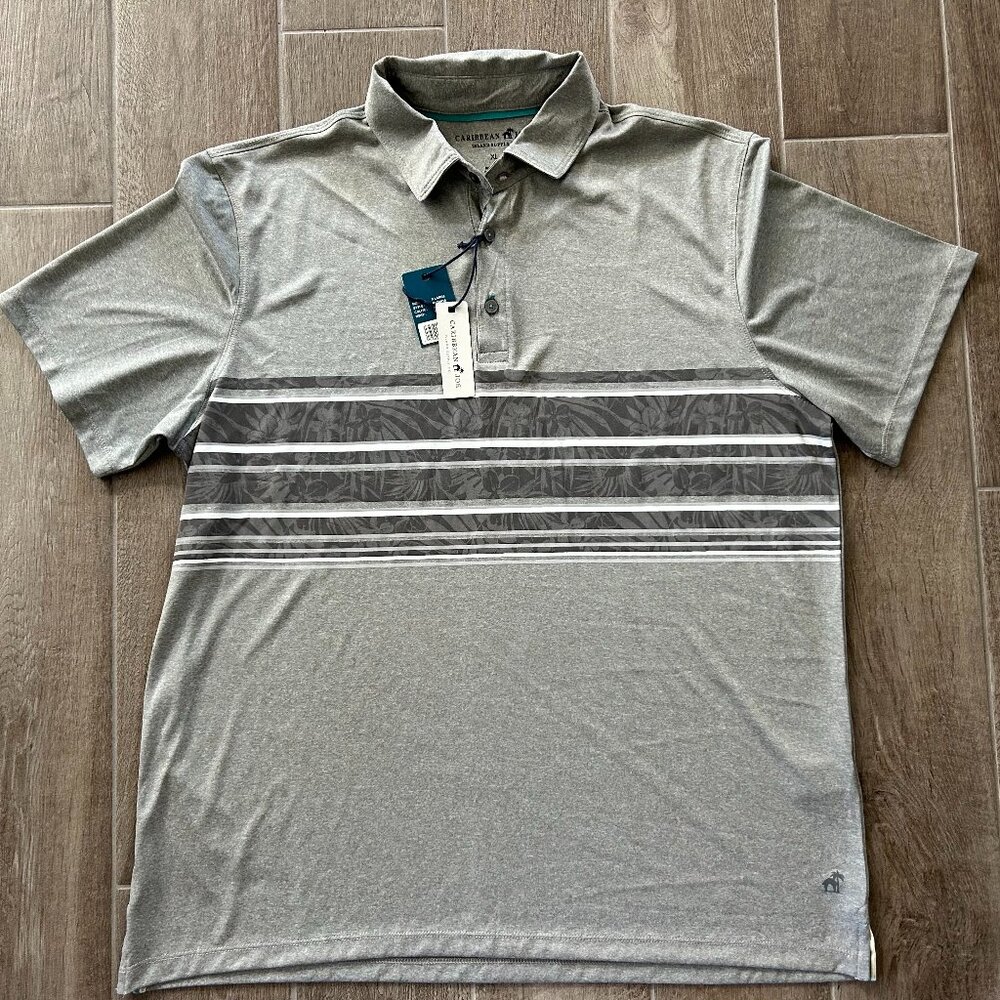 Caribbean Joe Island Supply Co Polo Shirt XL NWT Tropical Stripe Gray